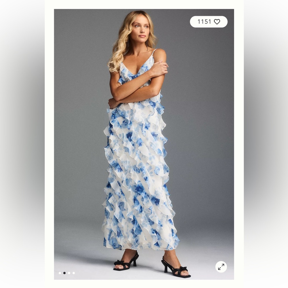 BHLDN Jia Printed Bias-Cut
Ruffled V-Neck Gown